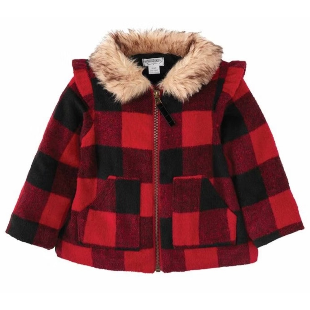Mud Pie Kids Alpine Village Buffalo Check Coat with Faux Fur Trim Size 12-18M